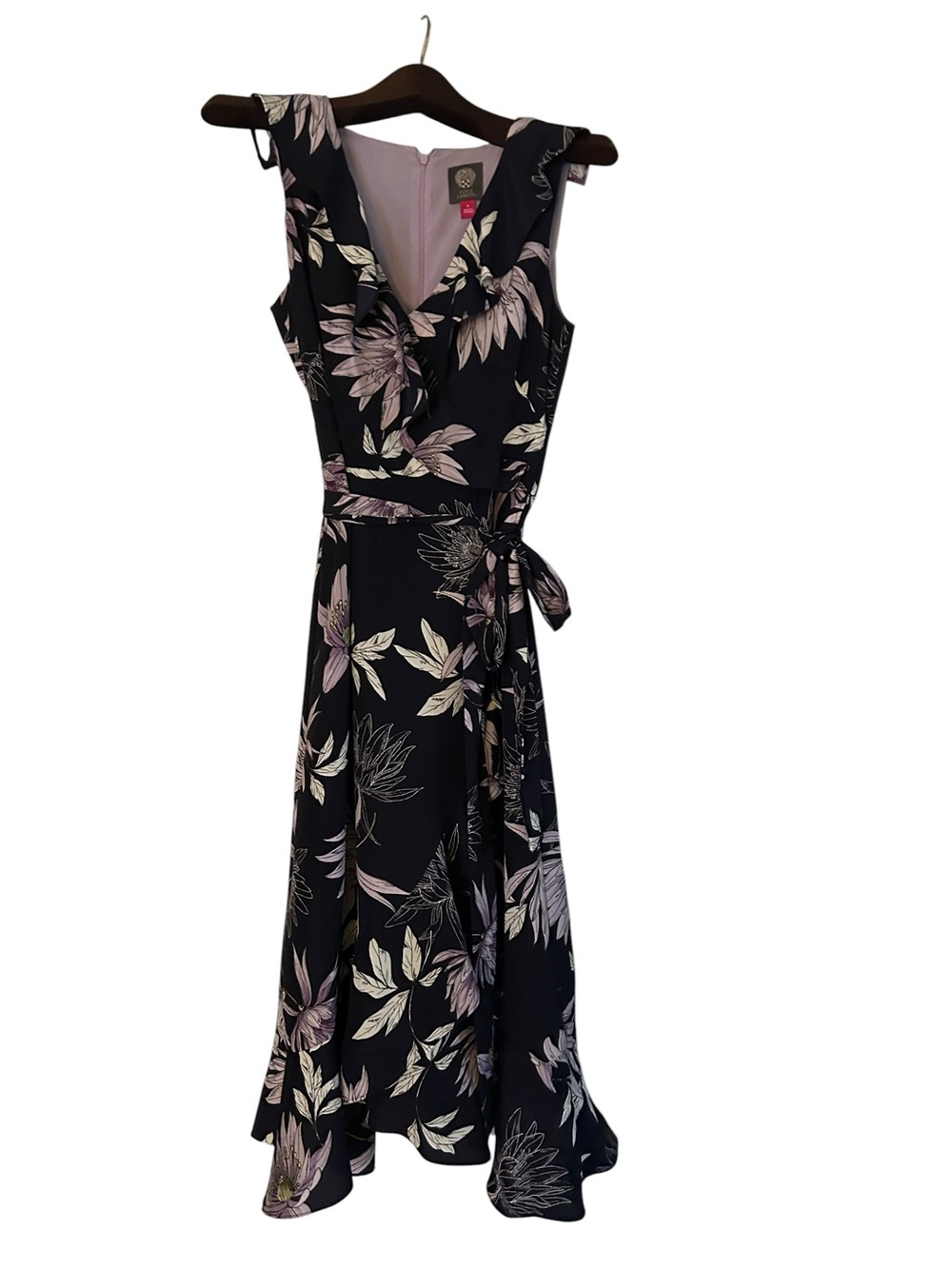 Vince Camuto Navy Faux Wrap Midi Dress with Lavender Floral